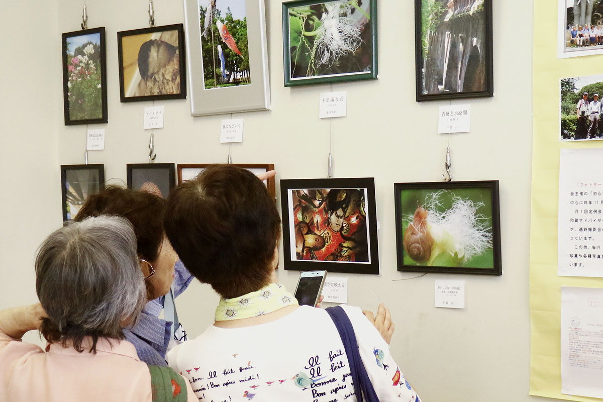 展示された様々な写真作品を鑑賞する人の写真